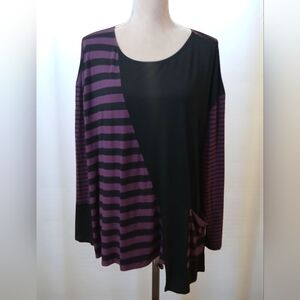 Lisa Bayne Assymetric Oversized Striped Blouse Purple Black Pocket XL Lagenlook